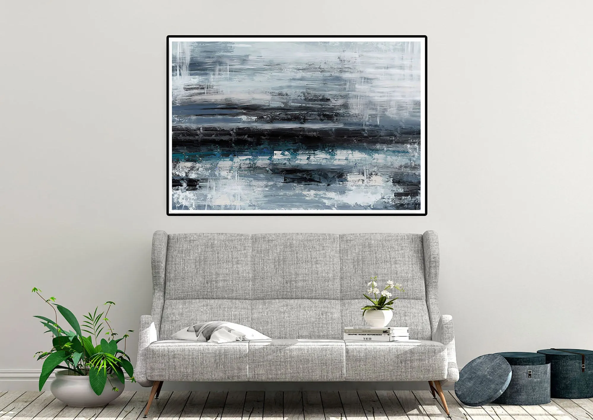 Black Blue Gray Wall Art Textured Abstract Painting Contemporary Art Fp098