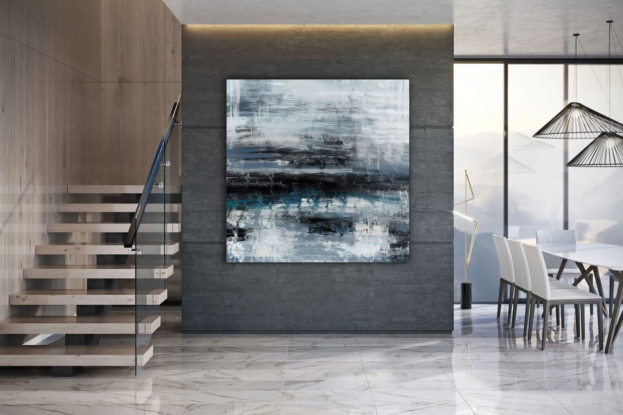 Black Blue Gray Wall Art Textured Abstract Painting Contemporary Art Fp098