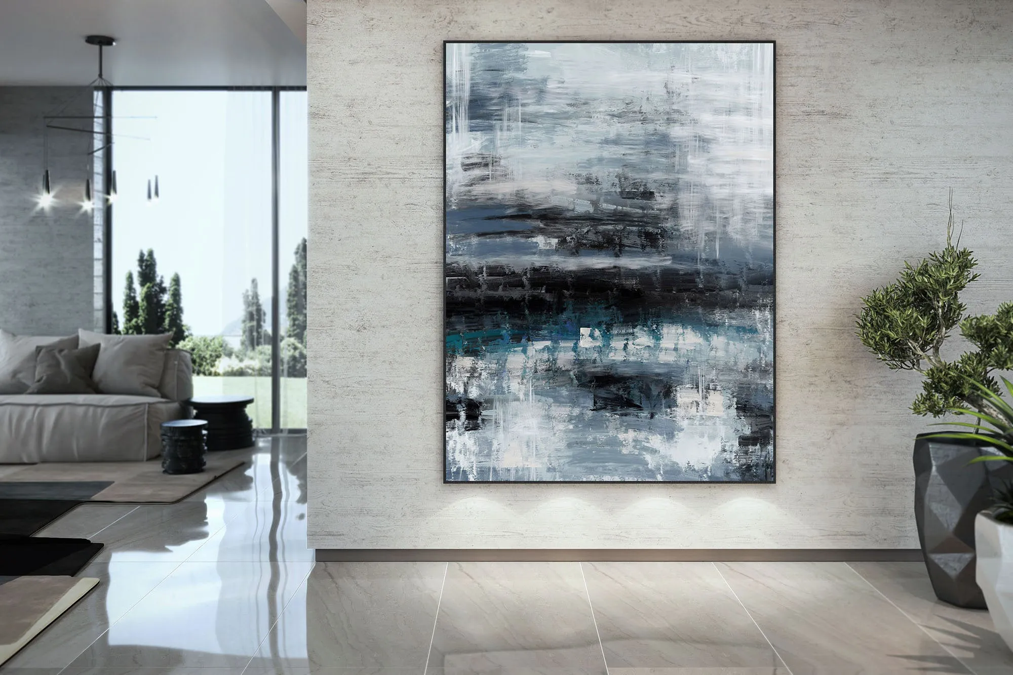 Black Blue Gray Wall Art Textured Abstract Painting Contemporary Art Fp098