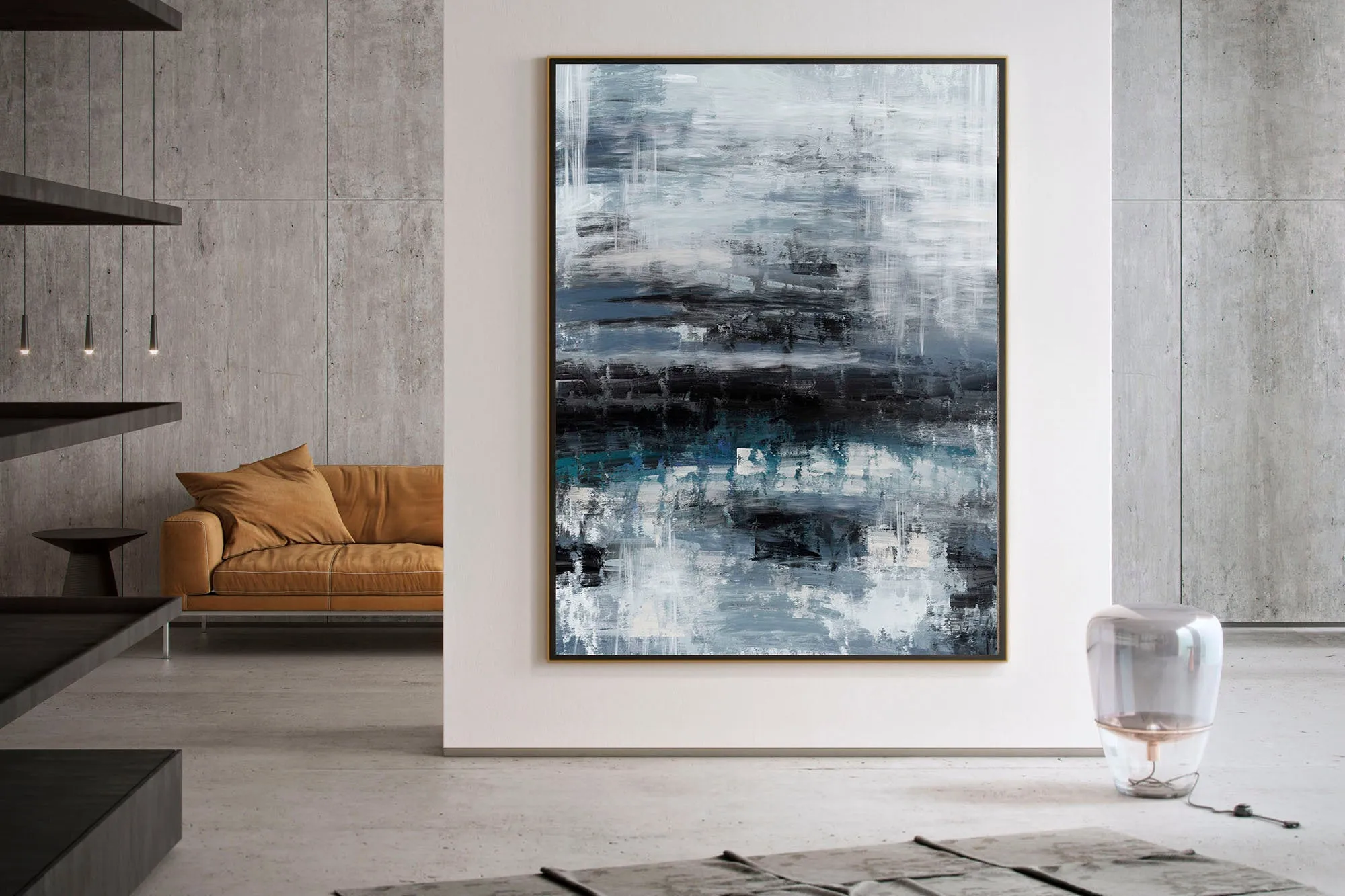 Black Blue Gray Wall Art Textured Abstract Painting Contemporary Art Fp098