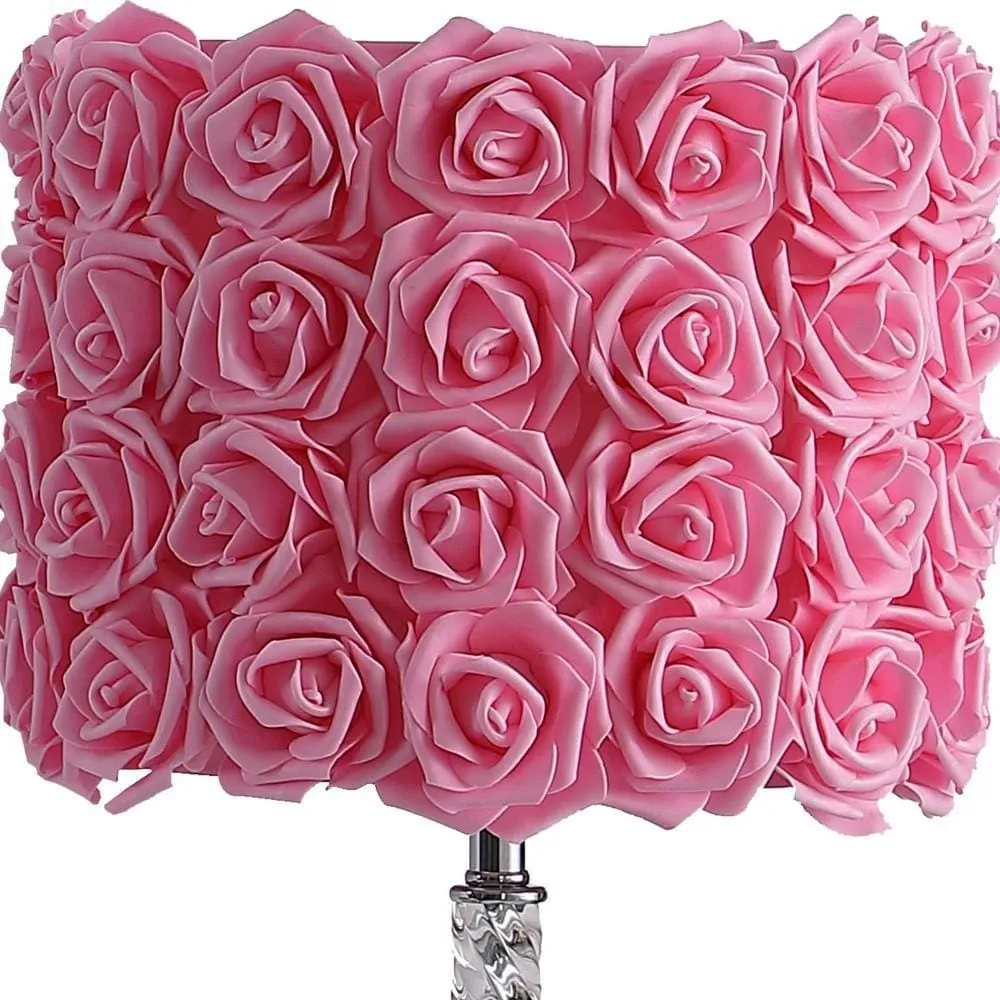 Bloom Roses Drum Shade Table Lamp with Twisted Acrylic Base, Pink By Casagear Home