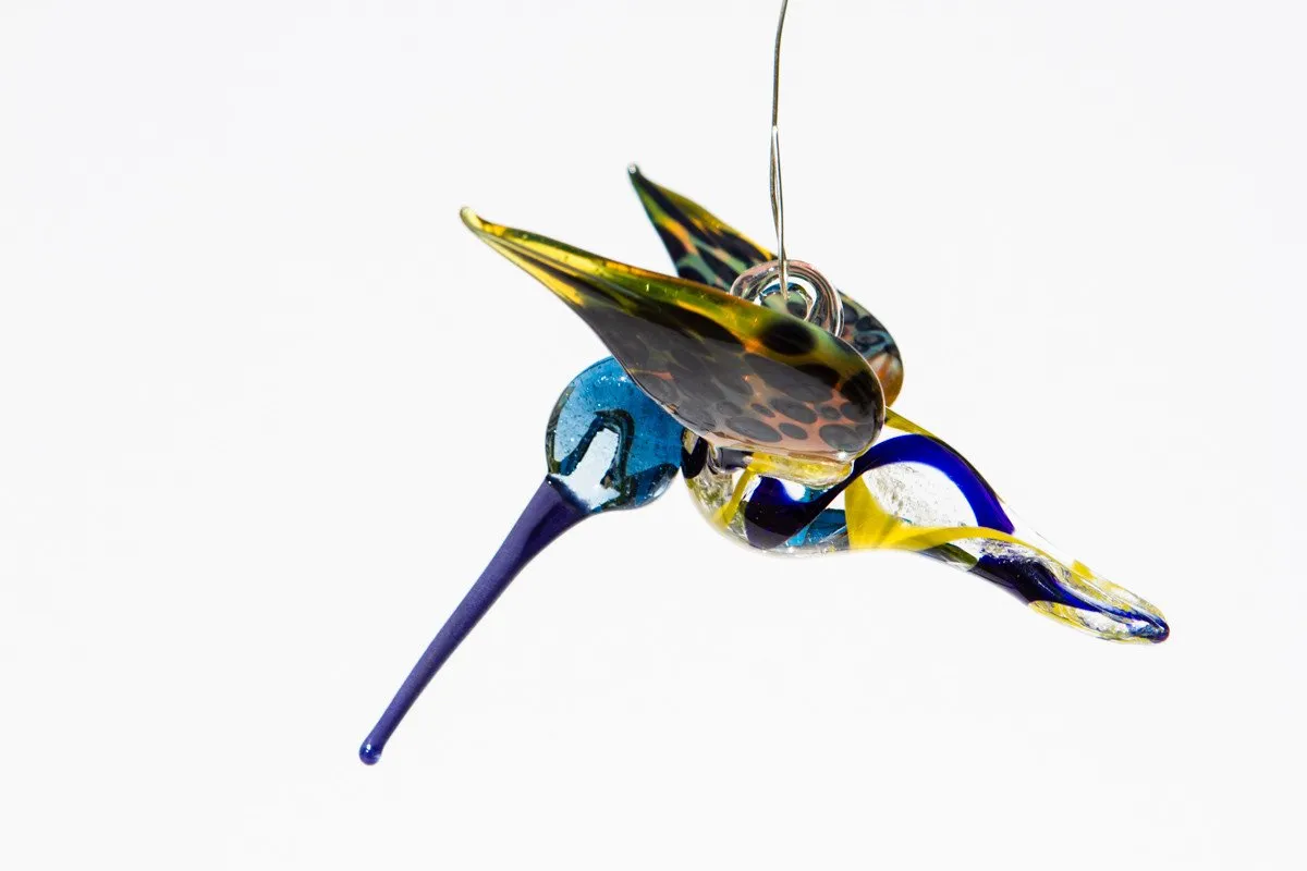Blue & Yellow Glass Hummingbird with Infused Ash