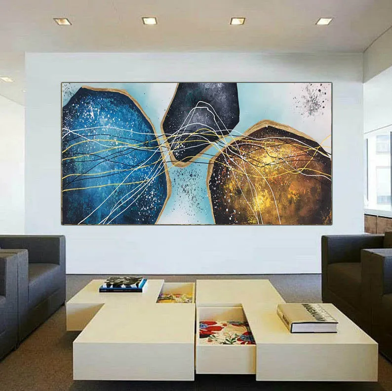 Blue Gold White Modern Abstract Painting Oversized Modern Art Np095