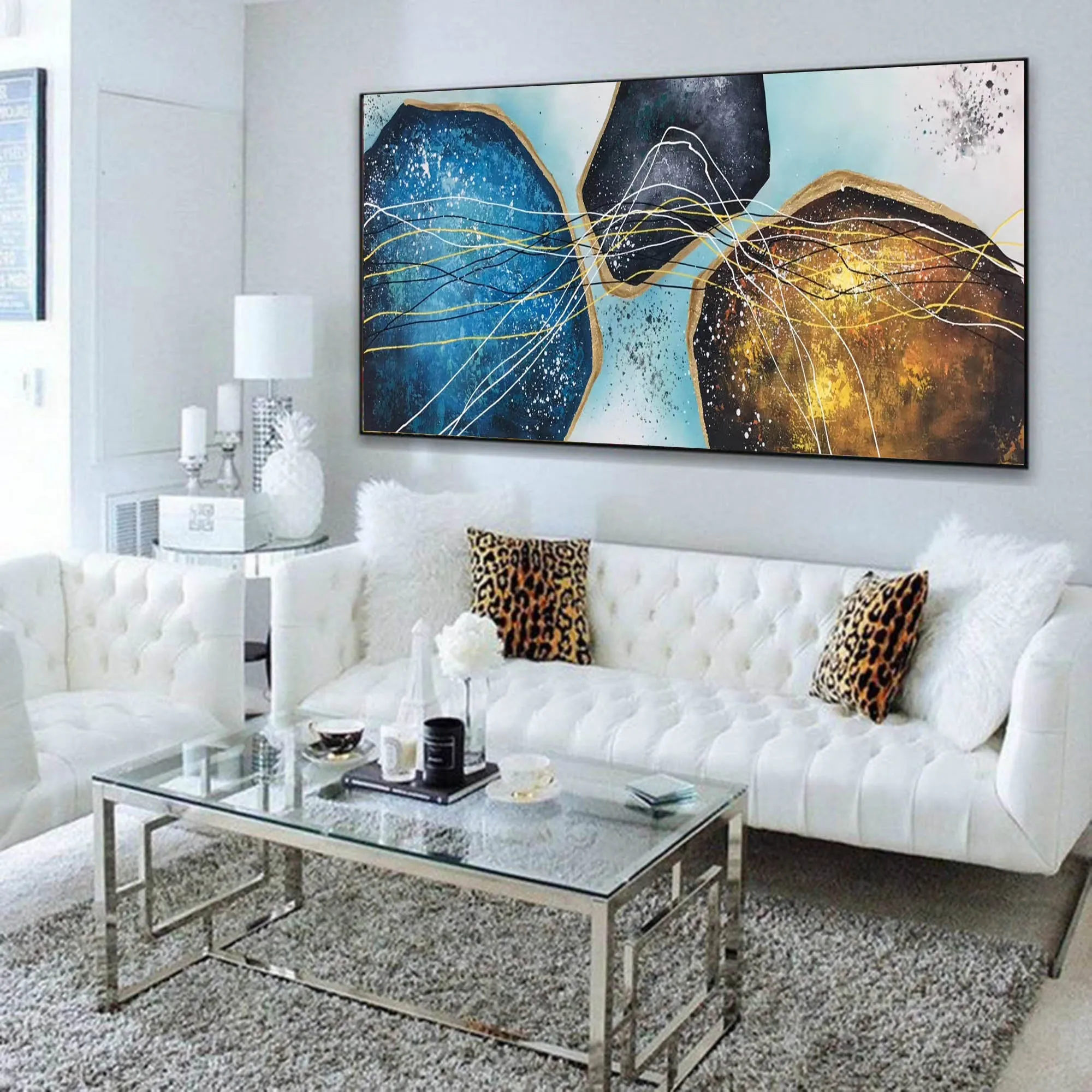 Blue Gold White Modern Abstract Painting Oversized Modern Art Np095