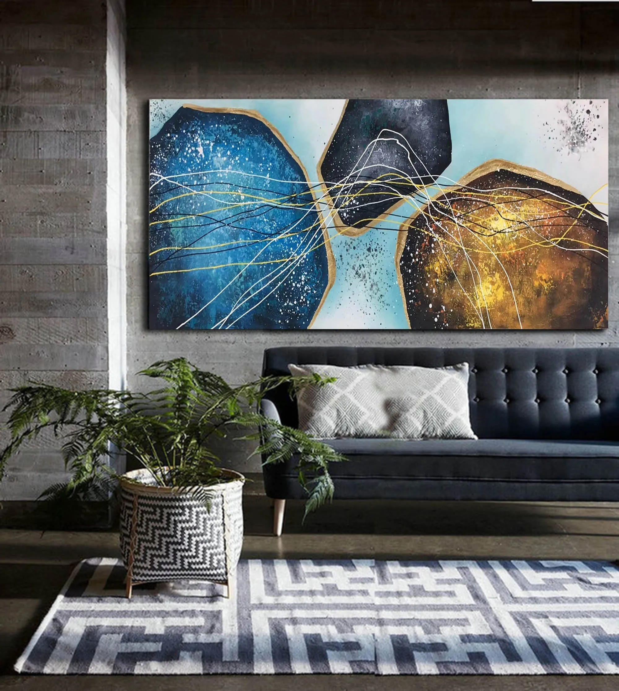 Blue Gold White Modern Abstract Painting Oversized Modern Art Np095