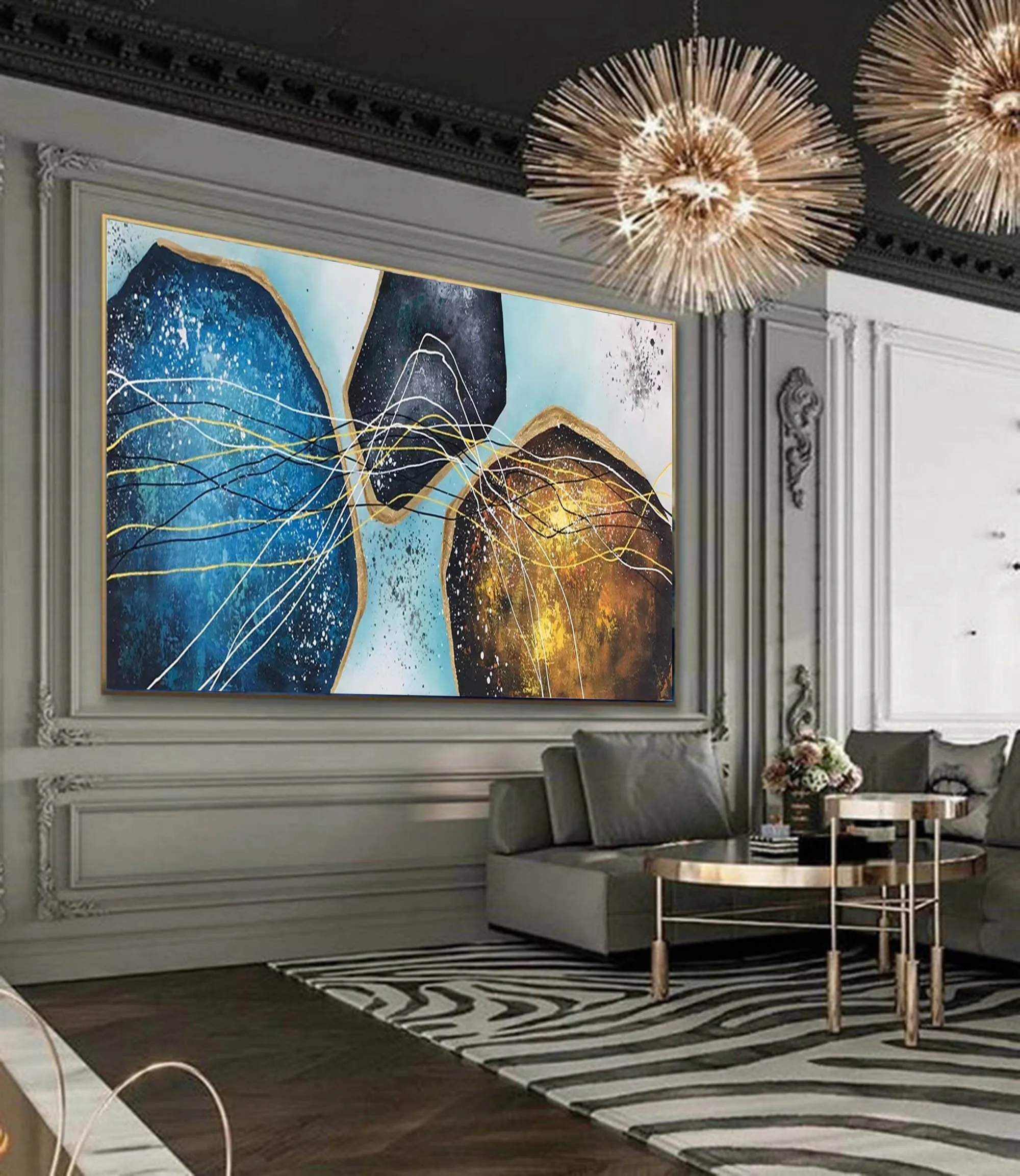 Blue Gold White Modern Abstract Painting Oversized Modern Art Np095