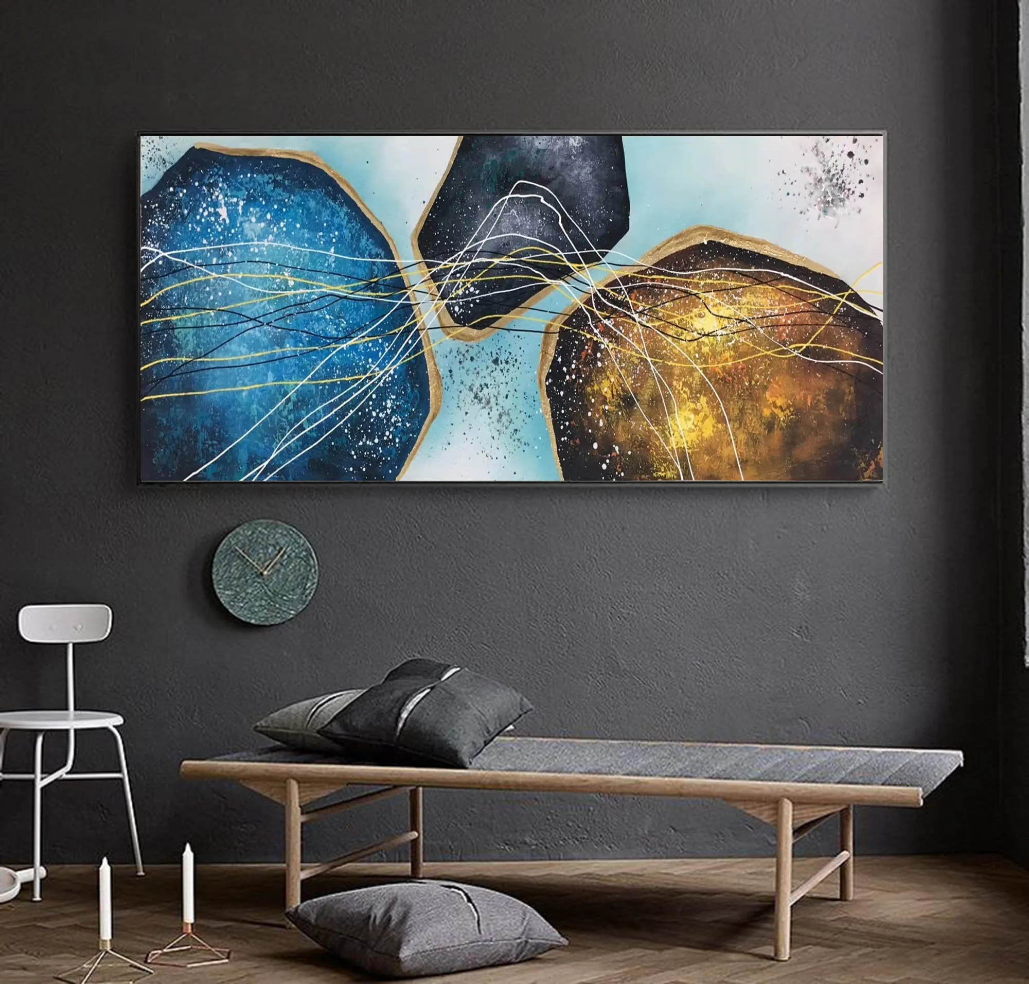 Blue Gold White Modern Abstract Painting Oversized Modern Art Np095