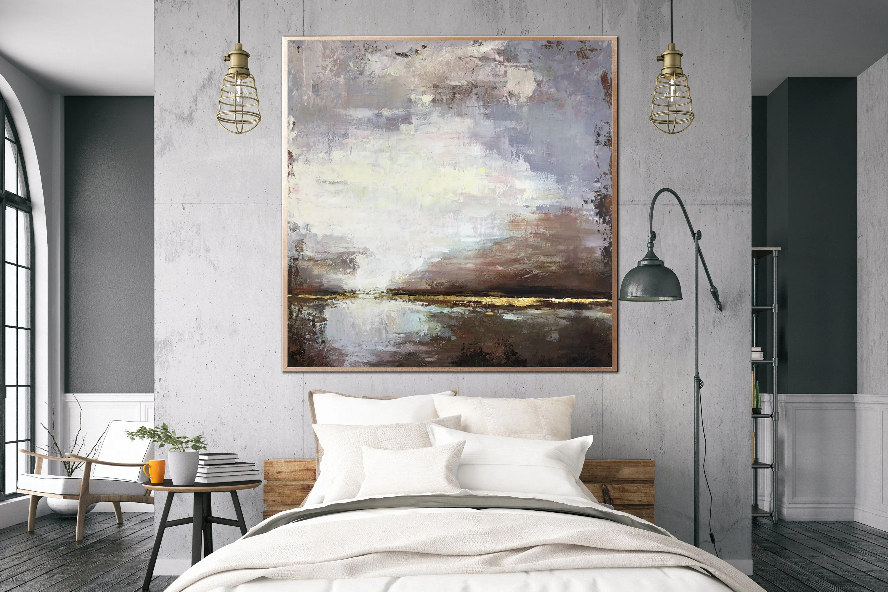 Brown Abstract Painting Original Lake Wall Art Beige Painting Sp025