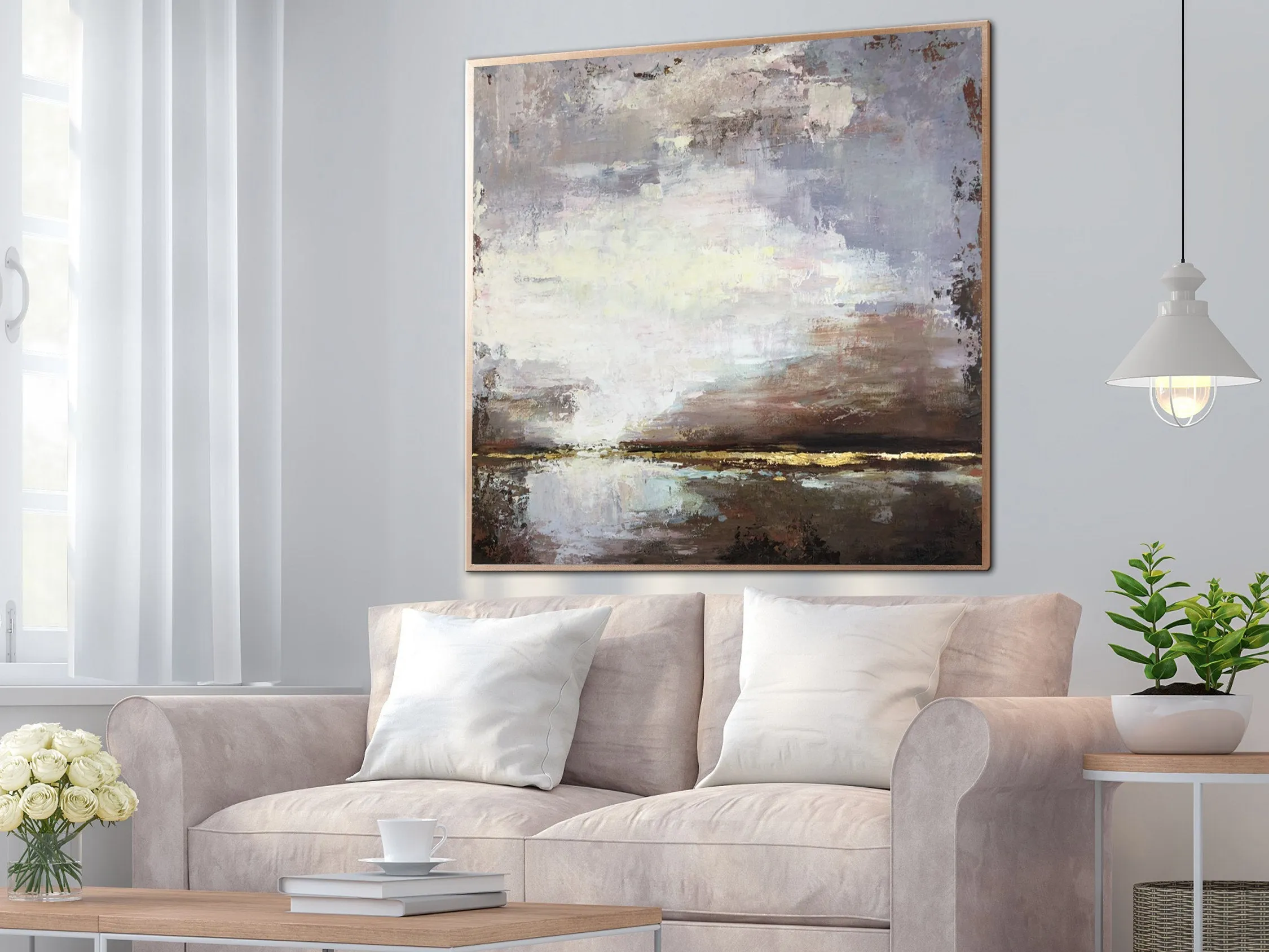 Brown Abstract Painting Original Lake Wall Art Beige Painting Sp025