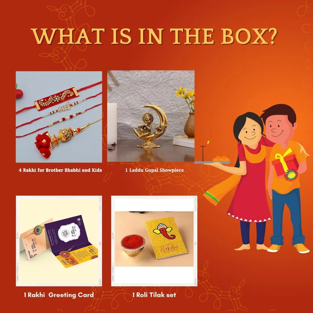 Collectible India Rakhi for Brother with Gift Combo Rakshabandhan Gift - Rakhi for Brother - Baby Krishna Idols Statue, Greeting Card Home Decoration Items (M1- Family Combo)