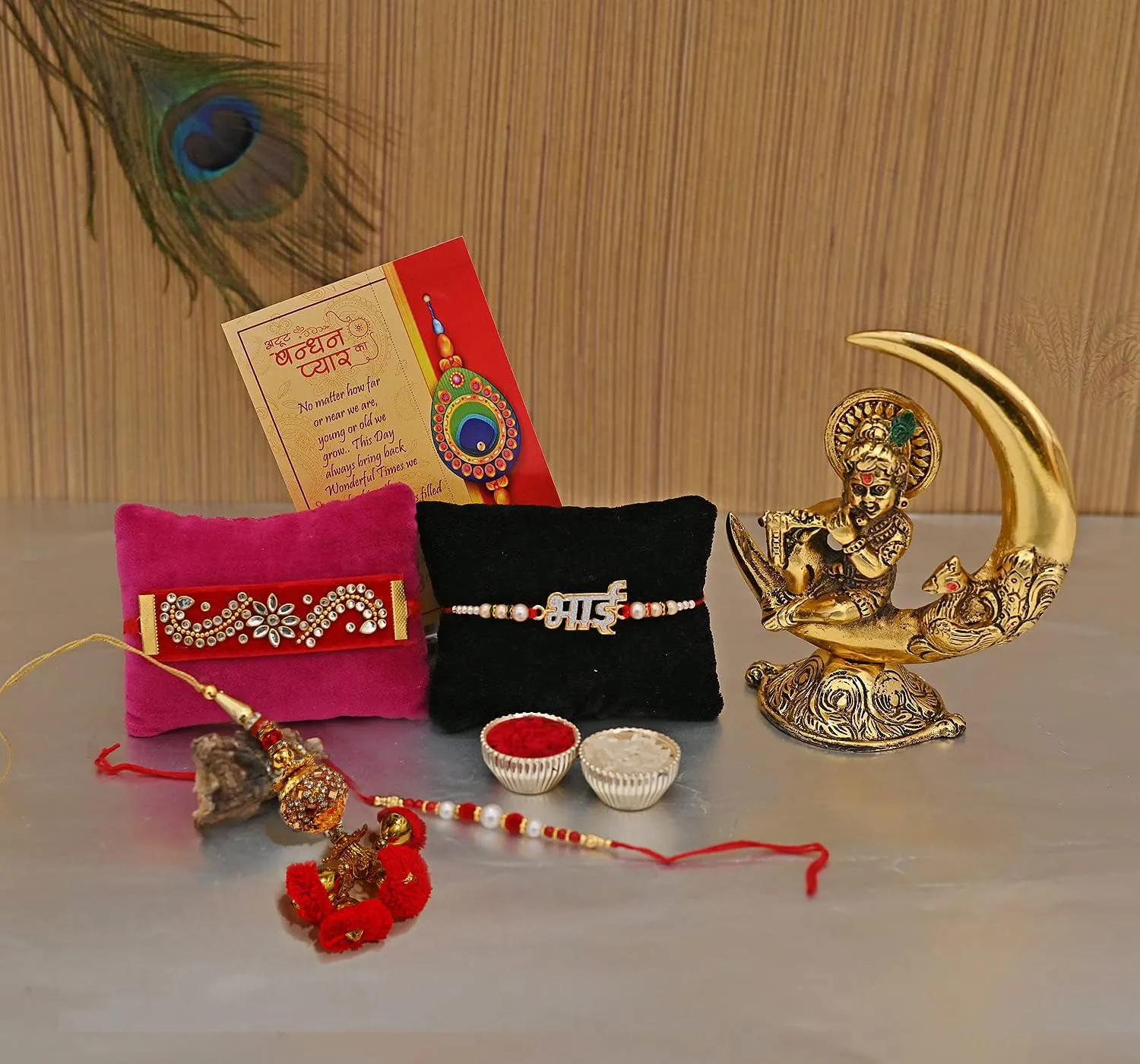 Collectible India Rakhi for Brother with Gift Combo Rakshabandhan Gift - Rakhi for Brother - Baby Krishna Idols Statue, Greeting Card Home Decoration Items (M1- Family Combo)