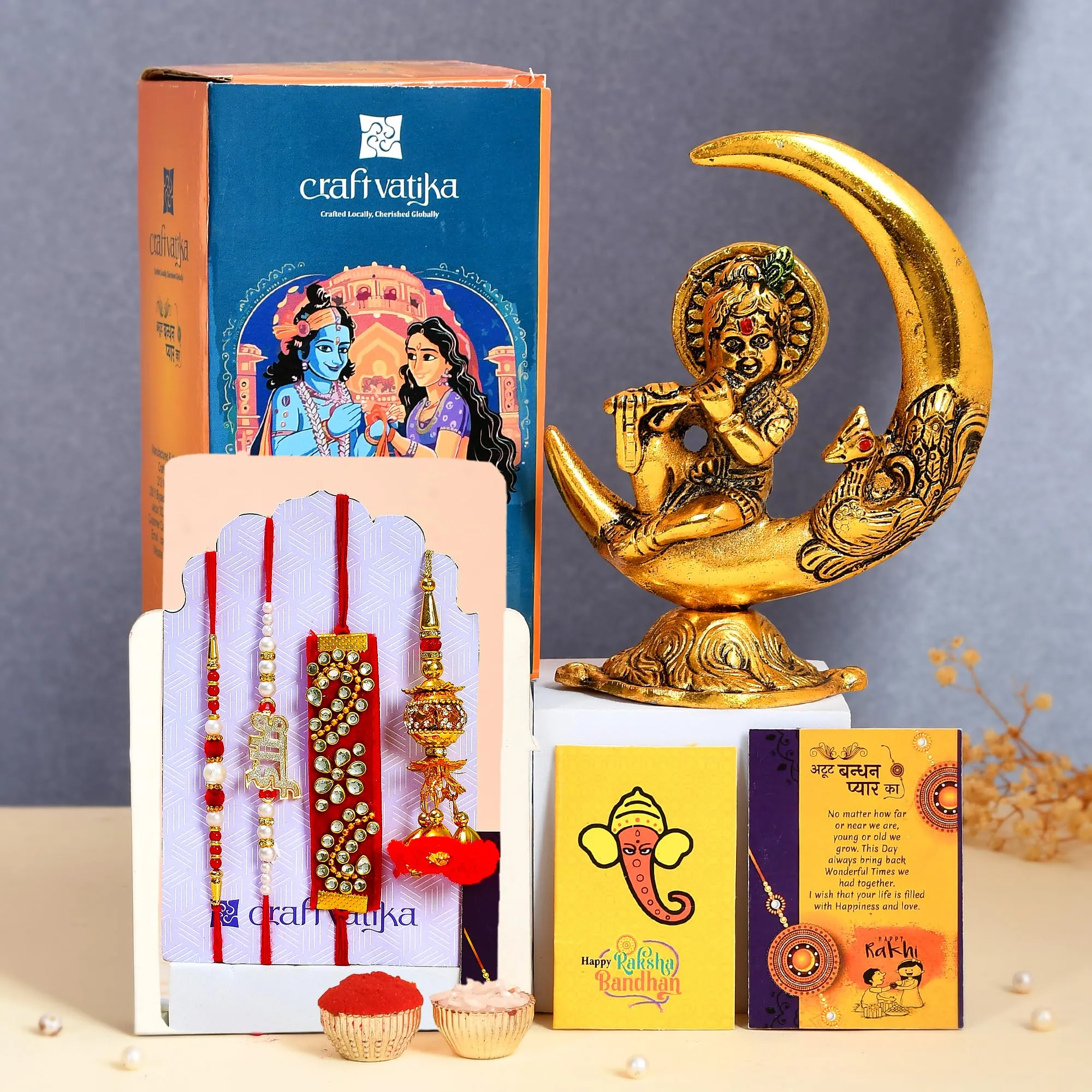 Collectible India Rakhi for Brother with Gift Combo Rakshabandhan Gift - Rakhi for Brother - Baby Krishna Idols Statue, Greeting Card Home Decoration Items (M1- Family Combo)