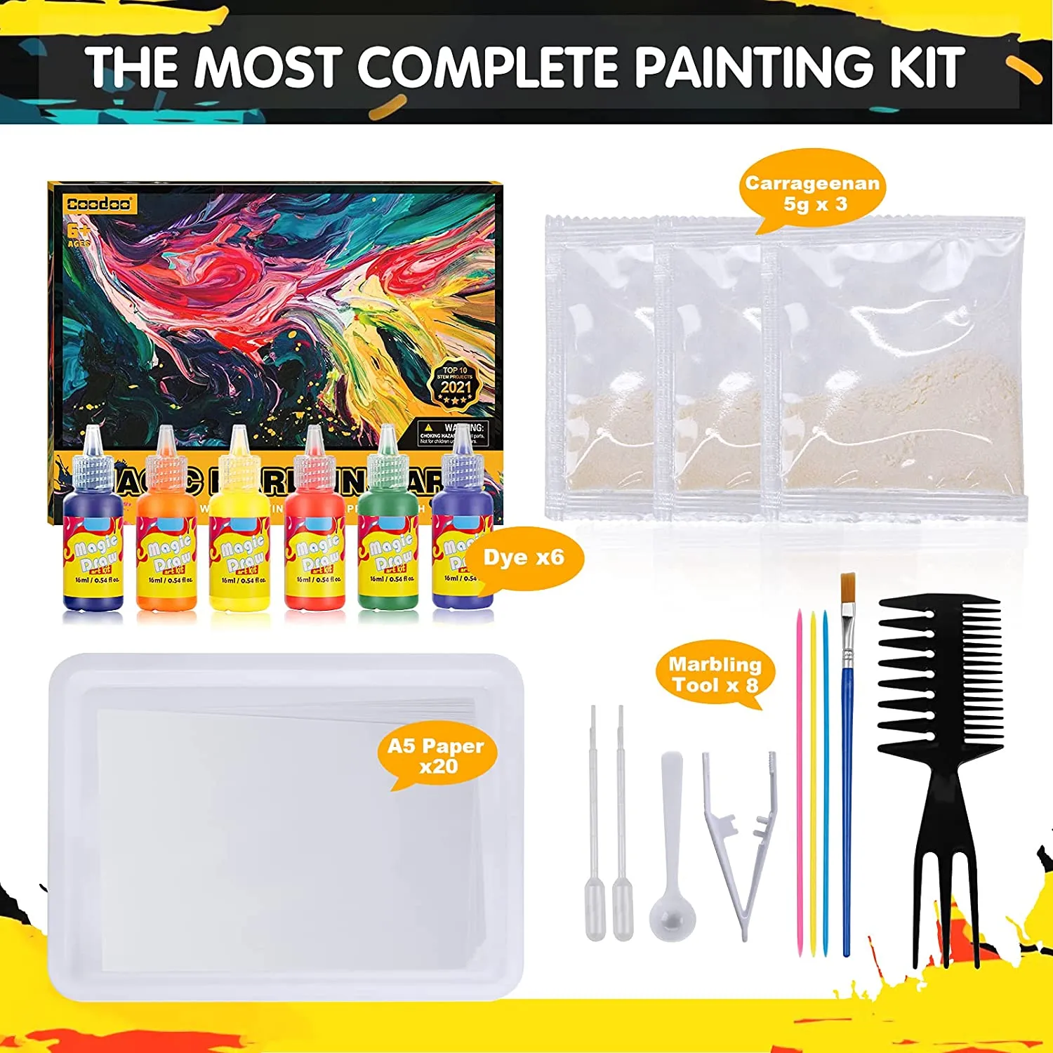 Craft Kit, Water Marbling Paint for 3-12 Years Old, 6 Paint Colors 16ml, 20 Sheets of Paper
