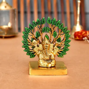 CraftVatika Metal Ganesha Idol Under Tree for Home Decor, Ganesha Idol Statue Figurine for Rakshabandhan Diwali Gift, Pooja Room Temple Tabletop Office Desk Wall Shelf (4.3 Inch Height)