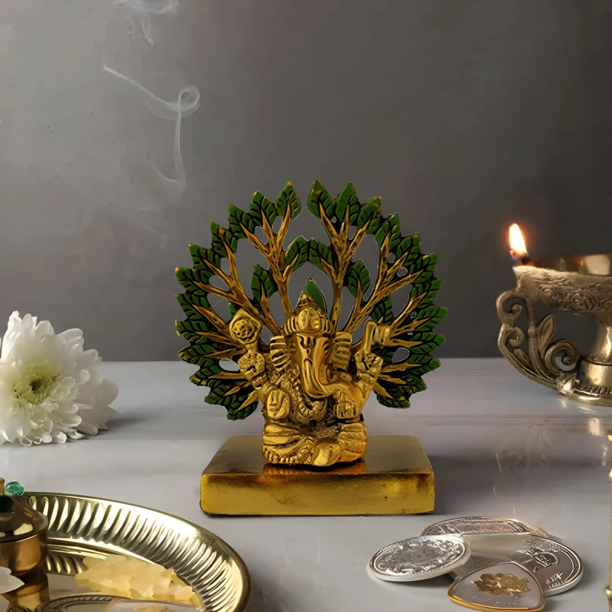 CraftVatika Metal Ganesha Idol Under Tree for Home Decor, Ganesha Idol Statue Figurine for Rakshabandhan Diwali Gift, Pooja Room Temple Tabletop Office Desk Wall Shelf (4.3 Inch Height)