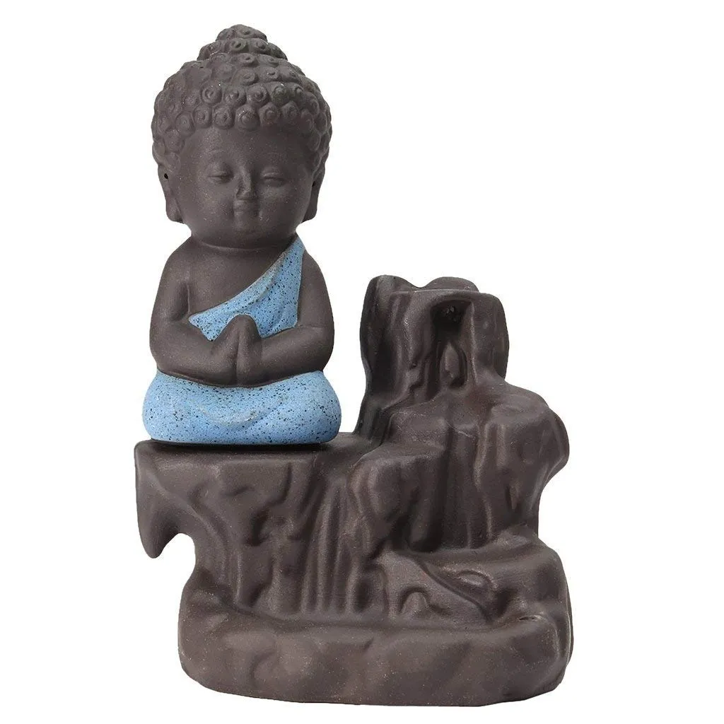 eCraftIndia Blue & Brown Meditating Monk Buddha Statue Smoke Backflow Cone Incense Holder Decorative Showpiece with 10 Free Smoke Backflow Scented Cone Incenses for Home, Temple, Office Decor