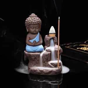 eCraftIndia Blue & Brown Meditating Monk Buddha Statue Smoke Backflow Cone Incense Holder Decorative Showpiece with 10 Free Smoke Backflow Scented Cone Incenses for Home, Temple, Office Decor