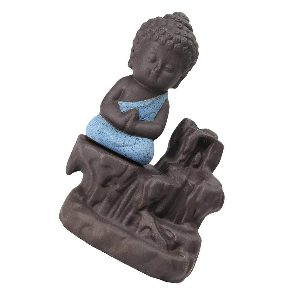 eCraftIndia Blue & Brown Meditating Monk Buddha Statue Smoke Backflow Cone Incense Holder Decorative Showpiece with 10 Free Smoke Backflow Scented Cone Incenses for Home, Temple, Office Decor