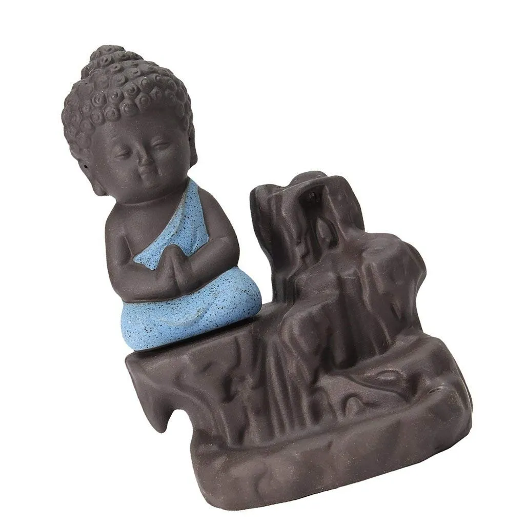 eCraftIndia Blue & Brown Meditating Monk Buddha Statue Smoke Backflow Cone Incense Holder Decorative Showpiece with 10 Free Smoke Backflow Scented Cone Incenses for Home, Temple, Office Decor