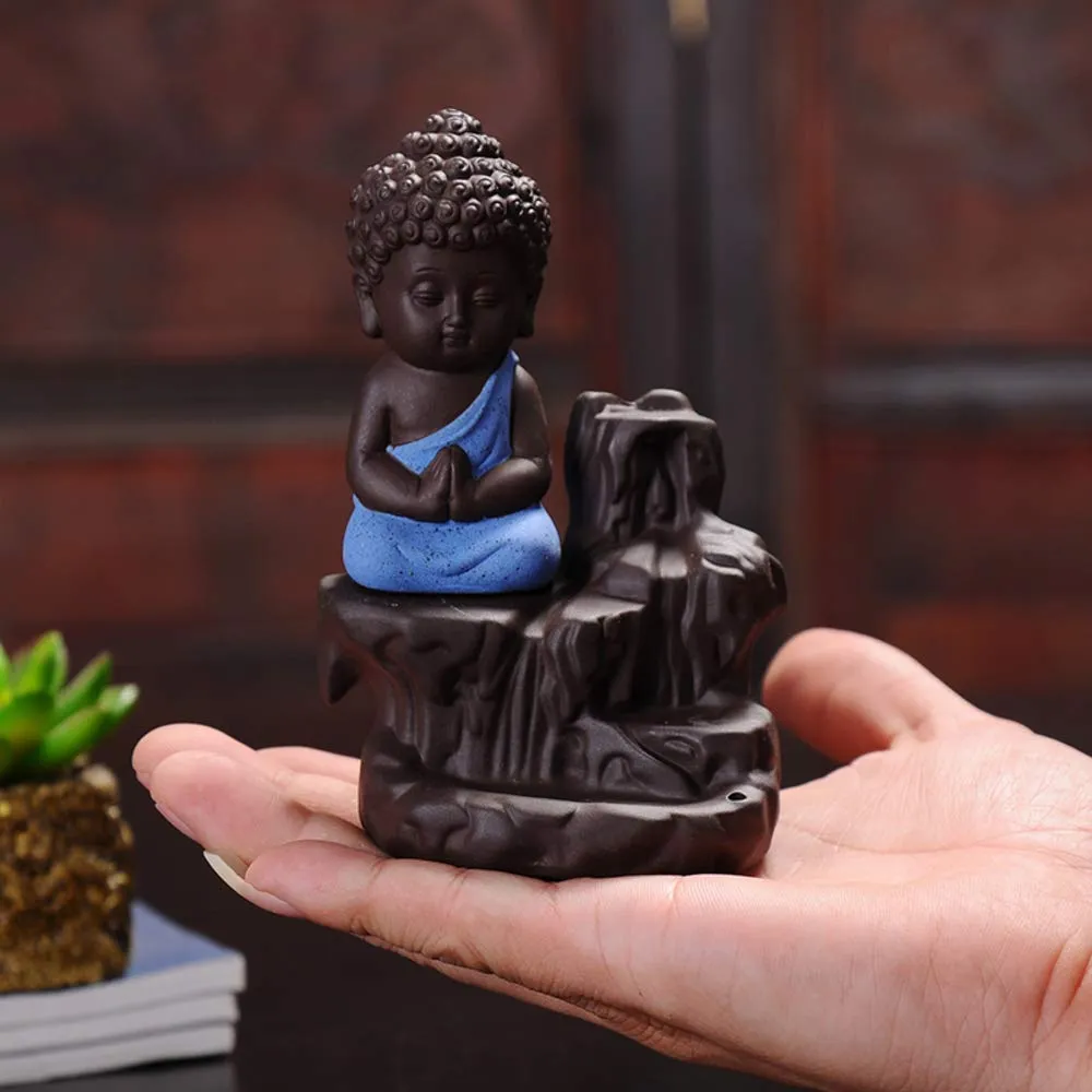 eCraftIndia Blue & Brown Meditating Monk Buddha Statue Smoke Backflow Cone Incense Holder Decorative Showpiece with 10 Free Smoke Backflow Scented Cone Incenses for Home, Temple, Office Decor