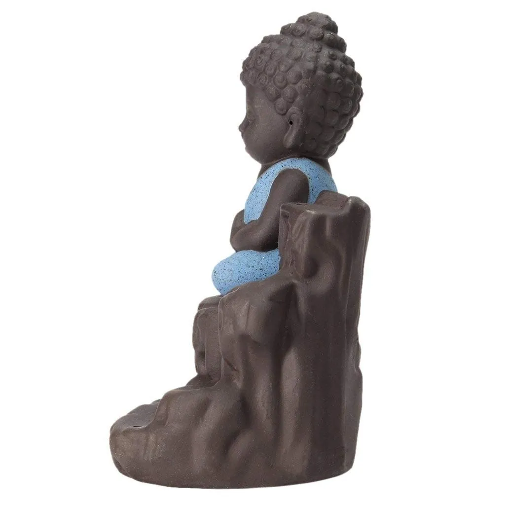 eCraftIndia Blue & Brown Meditating Monk Buddha Statue Smoke Backflow Cone Incense Holder Decorative Showpiece with 10 Free Smoke Backflow Scented Cone Incenses for Home, Temple, Office Decor