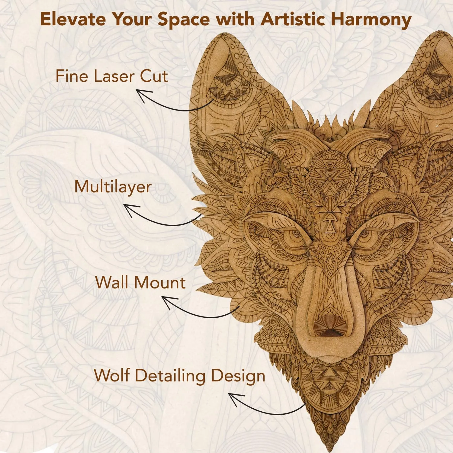 Ekhasa 3D Laser Cut Wooden Wall Art Wolf Face for Home & Wall Decor | Wooden Art for Wall Decoration | Wall Art Carved Showpieces for Bedroom, Dining, Drawing, Living Room, Staircase Walls or Lobby