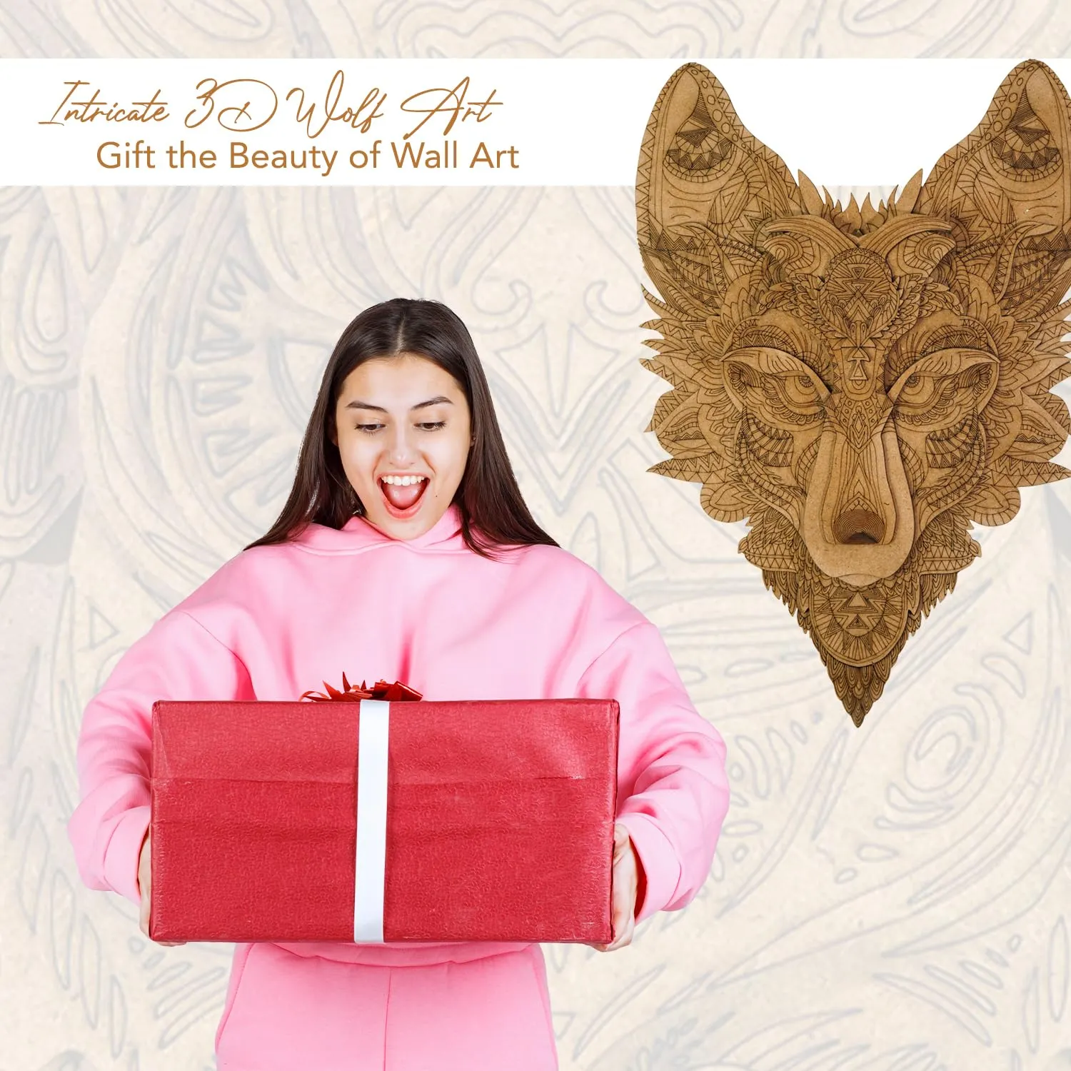 Ekhasa 3D Laser Cut Wooden Wall Art Wolf Face for Home & Wall Decor | Wooden Art for Wall Decoration | Wall Art Carved Showpieces for Bedroom, Dining, Drawing, Living Room, Staircase Walls or Lobby