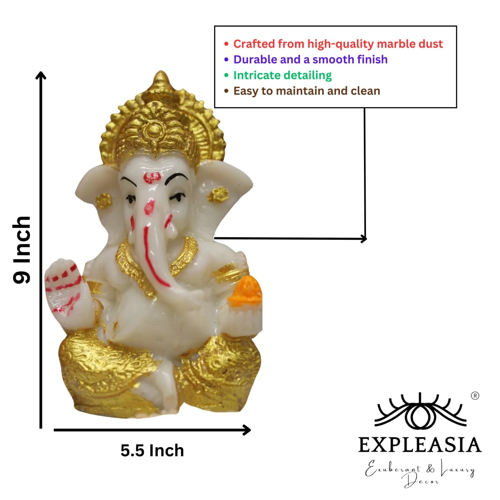 EXPLEASIA Ganesha Idol for car Dashboard | Home mandir| Gift Items | Table top Idol | Idol for Desktop | showpiece| Temple Decor| Office| ganpati (Ganesha 01) Marble dust