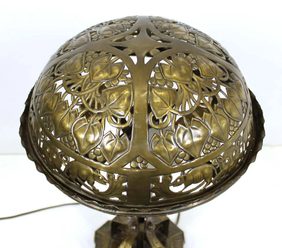 German Jugendstil Repousse Brass and Bronze Table Lamp Attributed to Oscar Bach