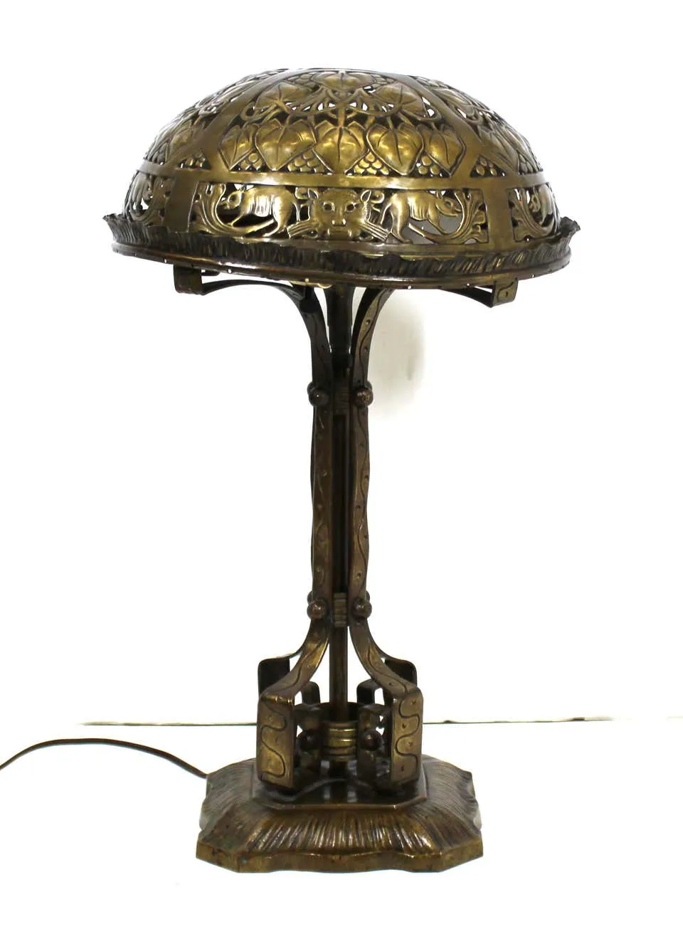 German Jugendstil Repousse Brass and Bronze Table Lamp Attributed to Oscar Bach