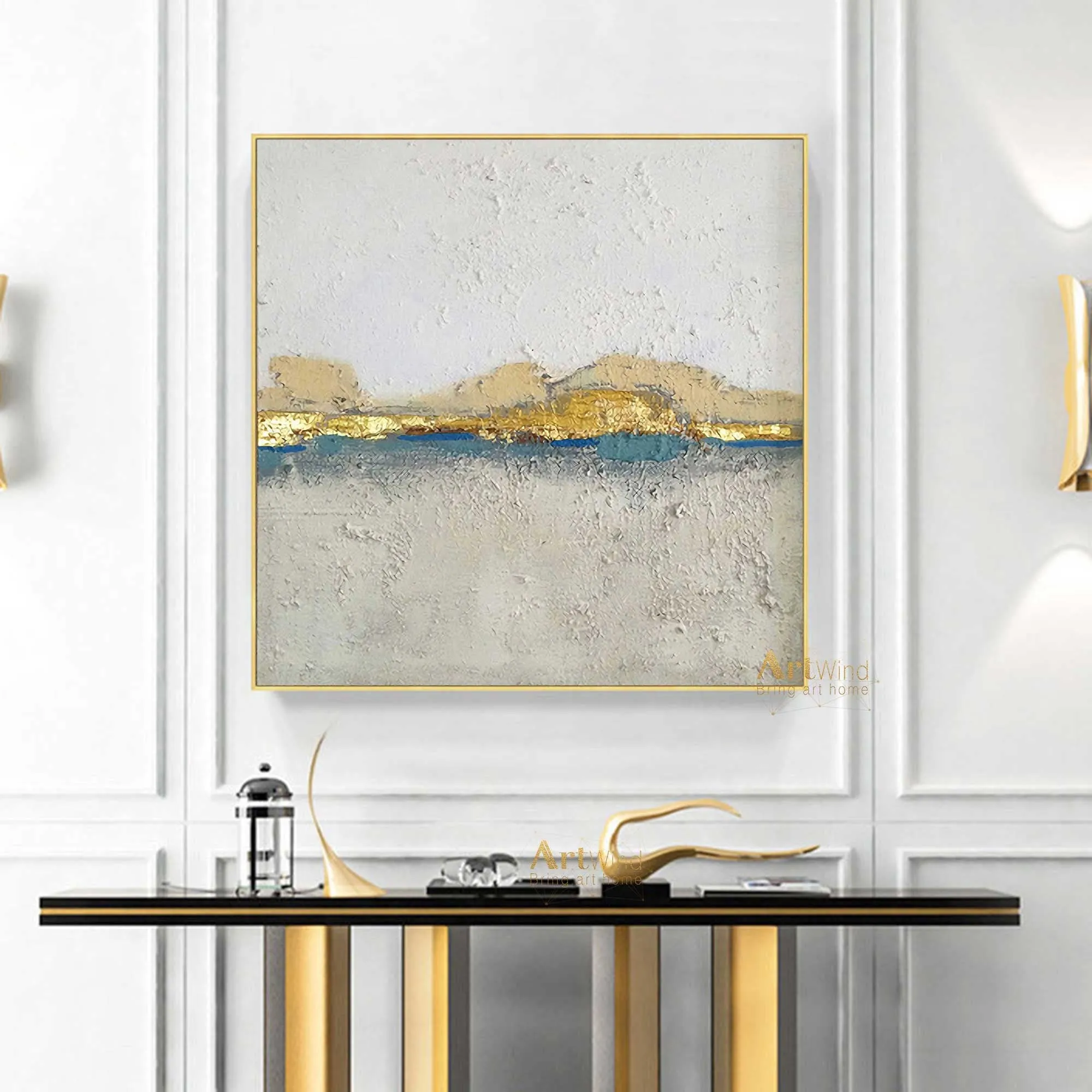 GOLD White and Gray Canvas Art Modern Painting Gold Leaf Art Dp076