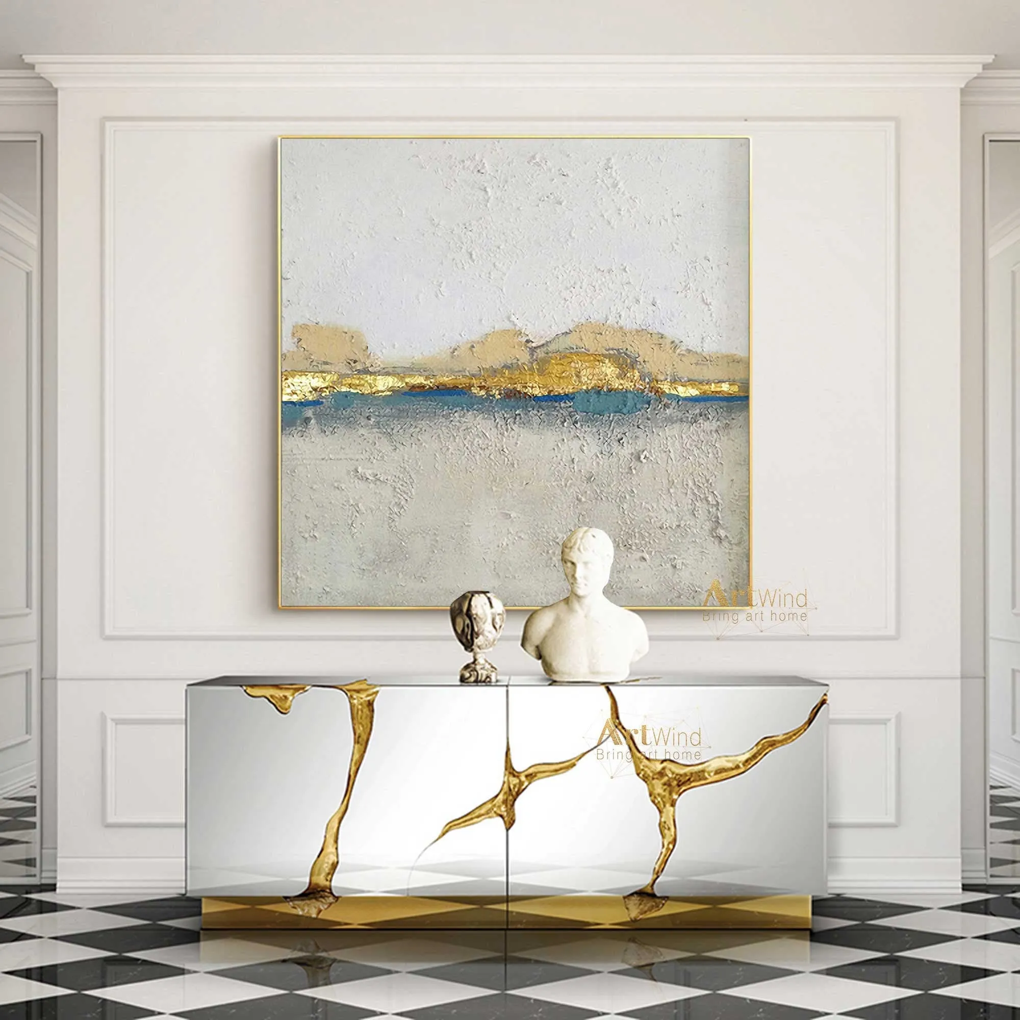 GOLD White and Gray Canvas Art Modern Painting Gold Leaf Art Dp076