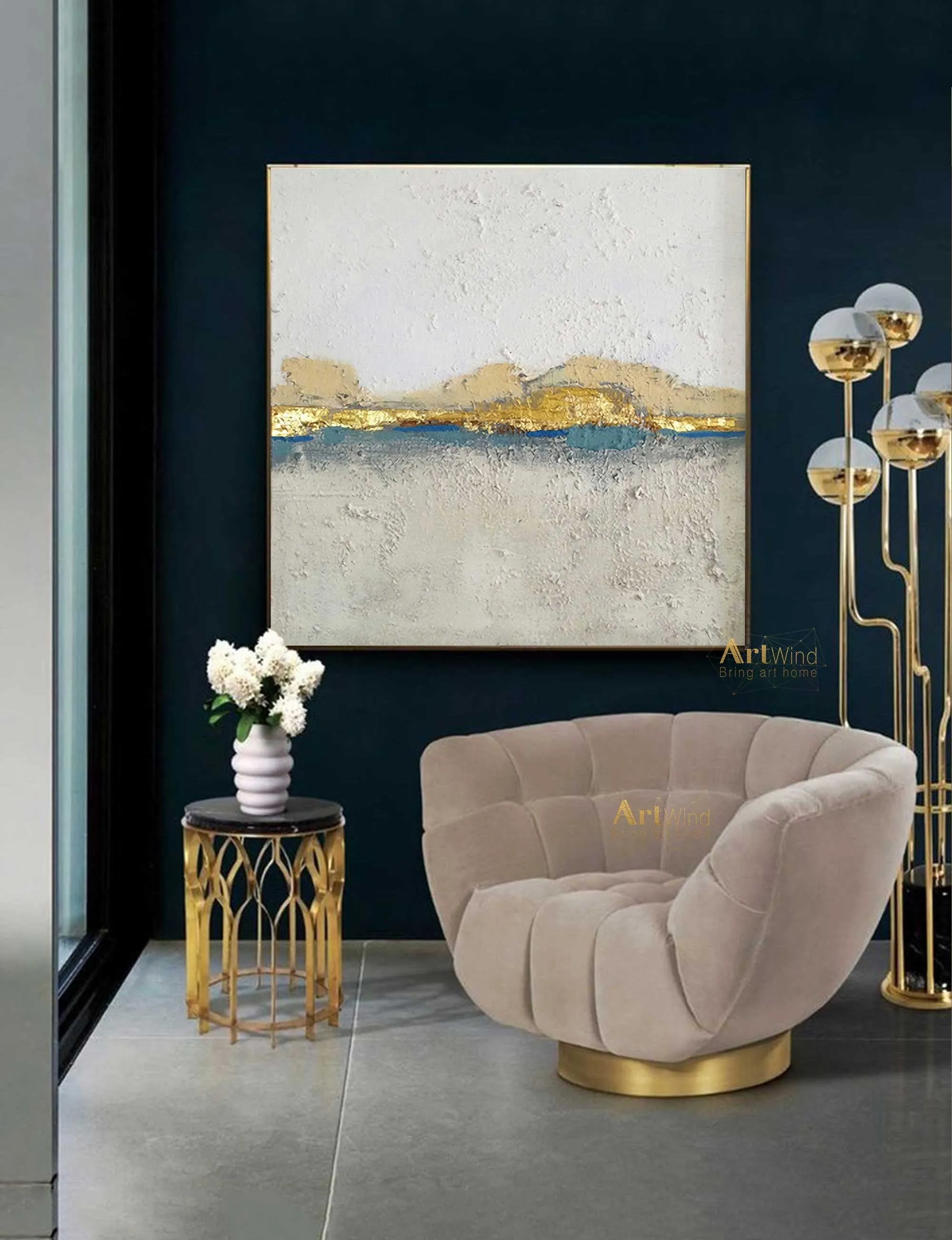 GOLD White and Gray Canvas Art Modern Painting Gold Leaf Art Dp076