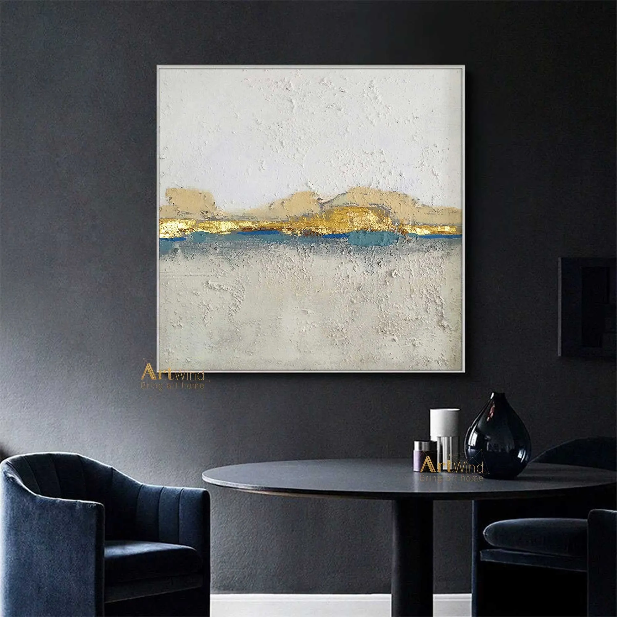 GOLD White and Gray Canvas Art Modern Painting Gold Leaf Art Dp076