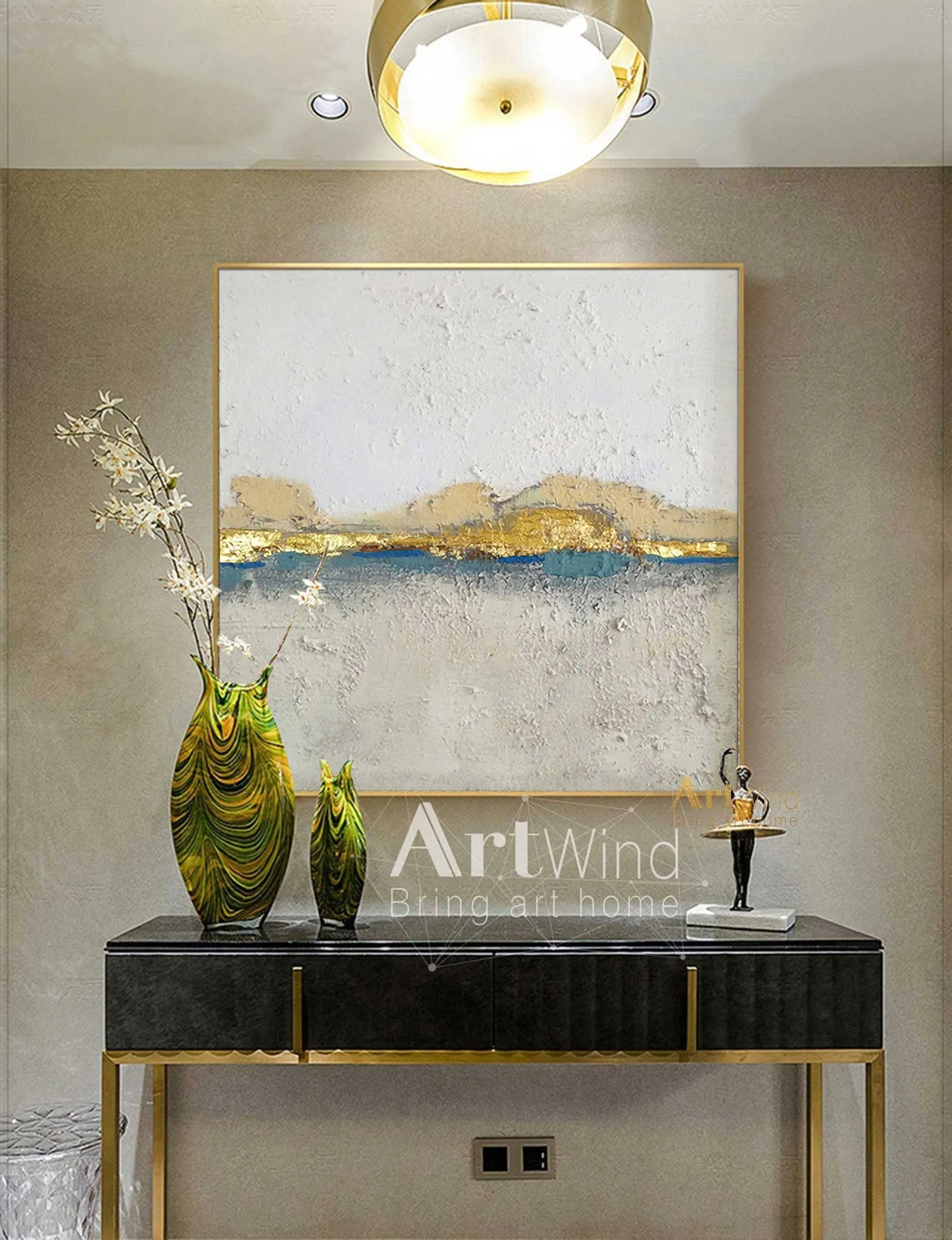 GOLD White and Gray Canvas Art Modern Painting Gold Leaf Art Dp076