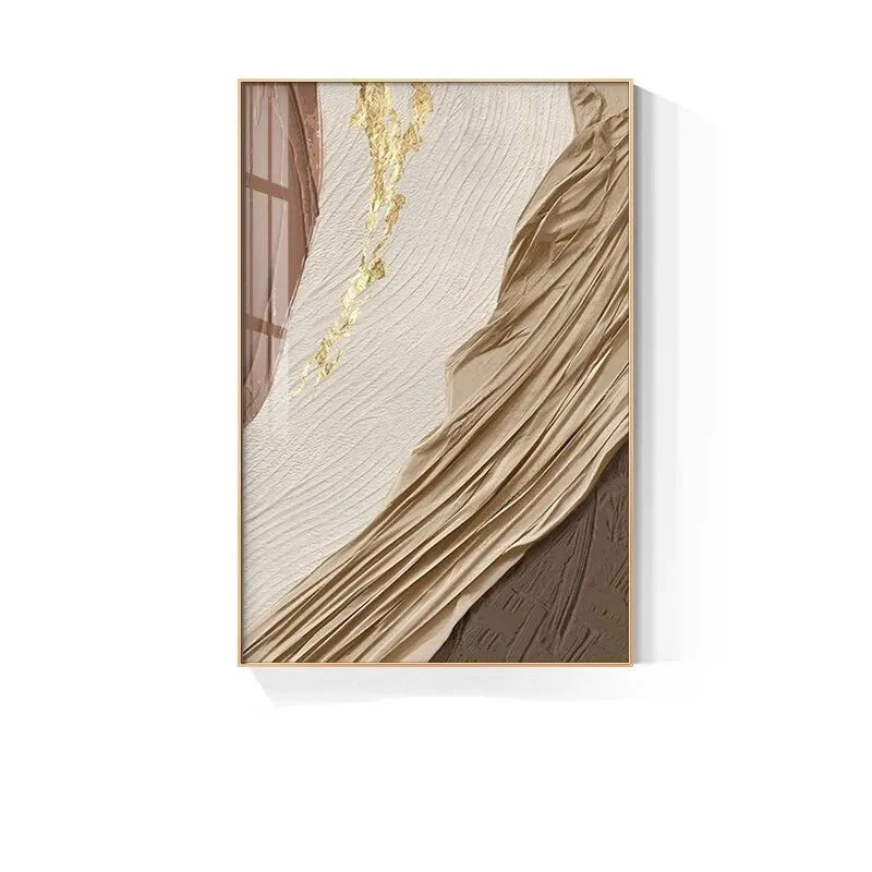 Golden Brown Beige Abstract Wall Art Flowing Silk Fine Art Canvas Prints Pictures For Luxury Penthouse Living Room Apartment Decor