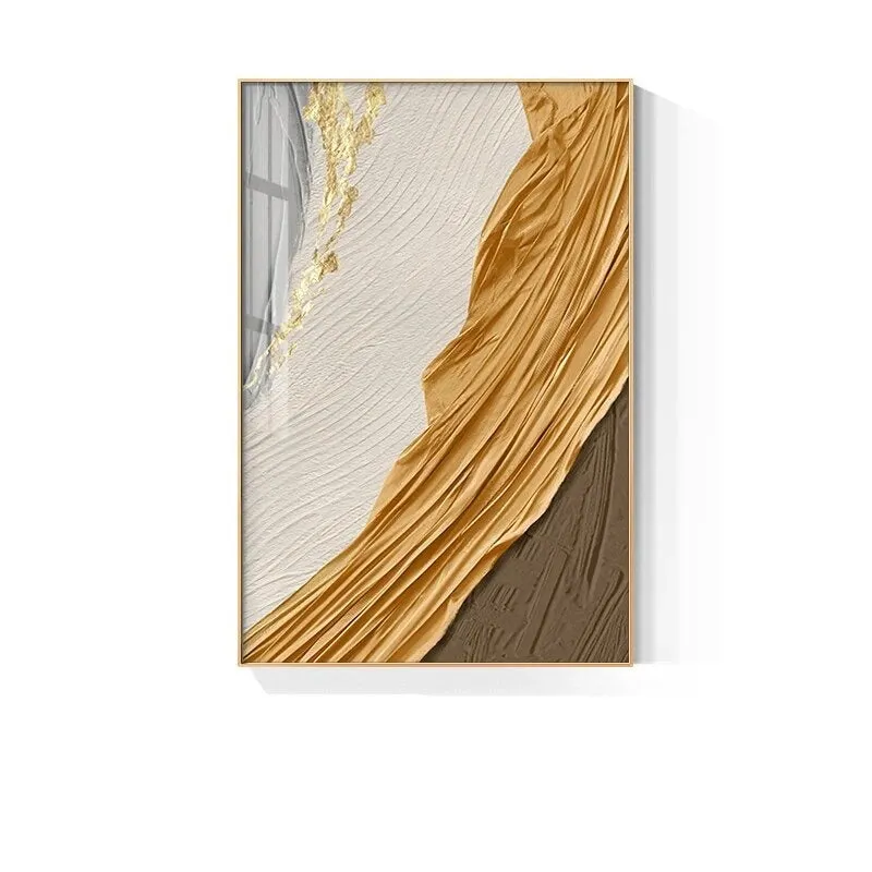 Golden Brown Beige Abstract Wall Art Flowing Silk Fine Art Canvas Prints Pictures For Luxury Penthouse Living Room Apartment Decor