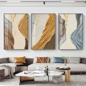 Golden Brown Beige Abstract Wall Art Flowing Silk Fine Art Canvas Prints Pictures For Luxury Penthouse Living Room Apartment Decor