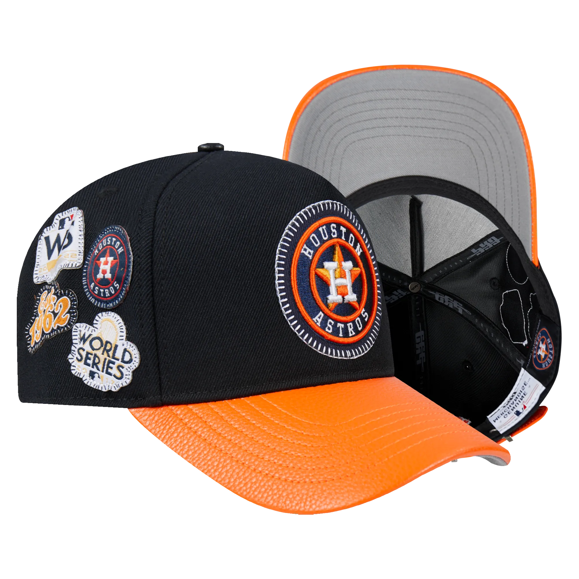 HOUSTON ASTROS DIY PICK STITCH LEATHER PINCH FRONT STRAPBACK (BLACK)