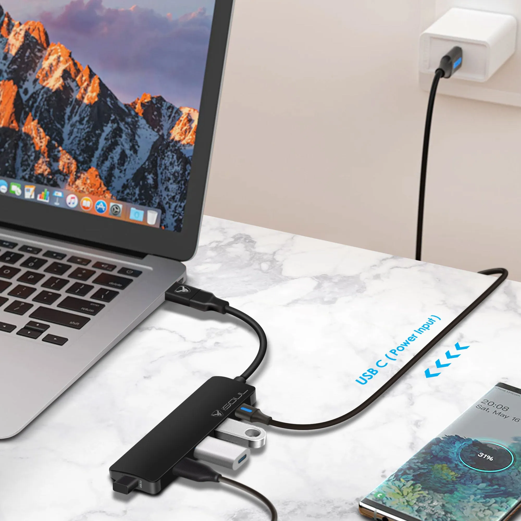 iSOUL 4 Port USB 3.0 Data Hub Multi USB Port Powered USB-C Hub