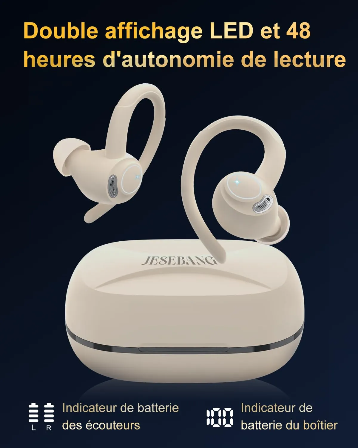 Jesebang Ecouteurs Bluetooth sans Fil Sport, 2024 couteur Bluetooth 5.3 HiFi Stro, Ecouteurs sans Fil avec ENC Mic, Oreillette Bluetooth Running IP7 tanche, 40H Casque Bluetooth cran LED, Noir