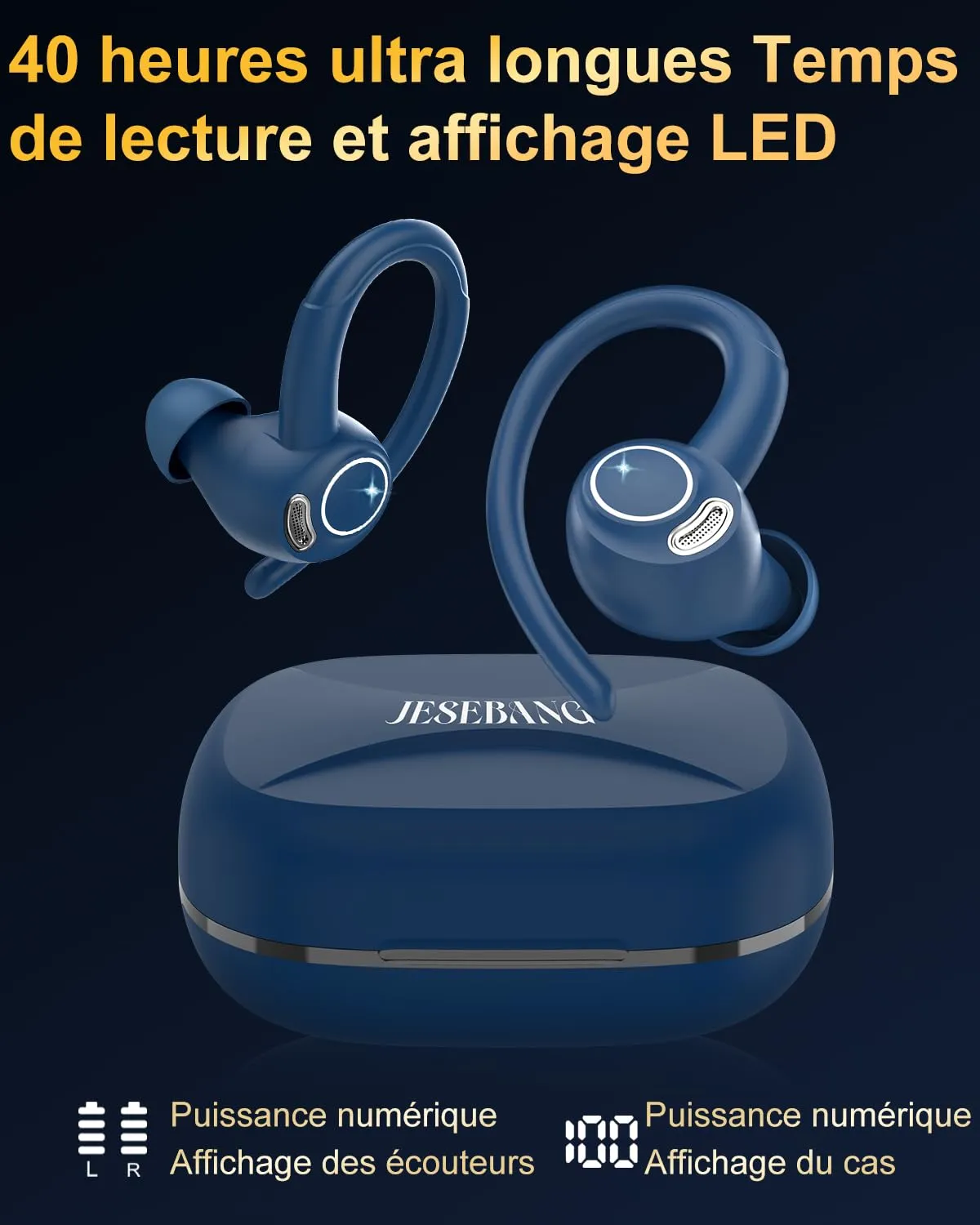 Jesebang Ecouteurs Bluetooth sans Fil Sport, 2024 couteur Bluetooth 5.3 HiFi Stro, Ecouteurs sans Fil avec ENC Mic, Oreillette Bluetooth Running IP7 tanche, 40H Casque Bluetooth cran LED, Noir