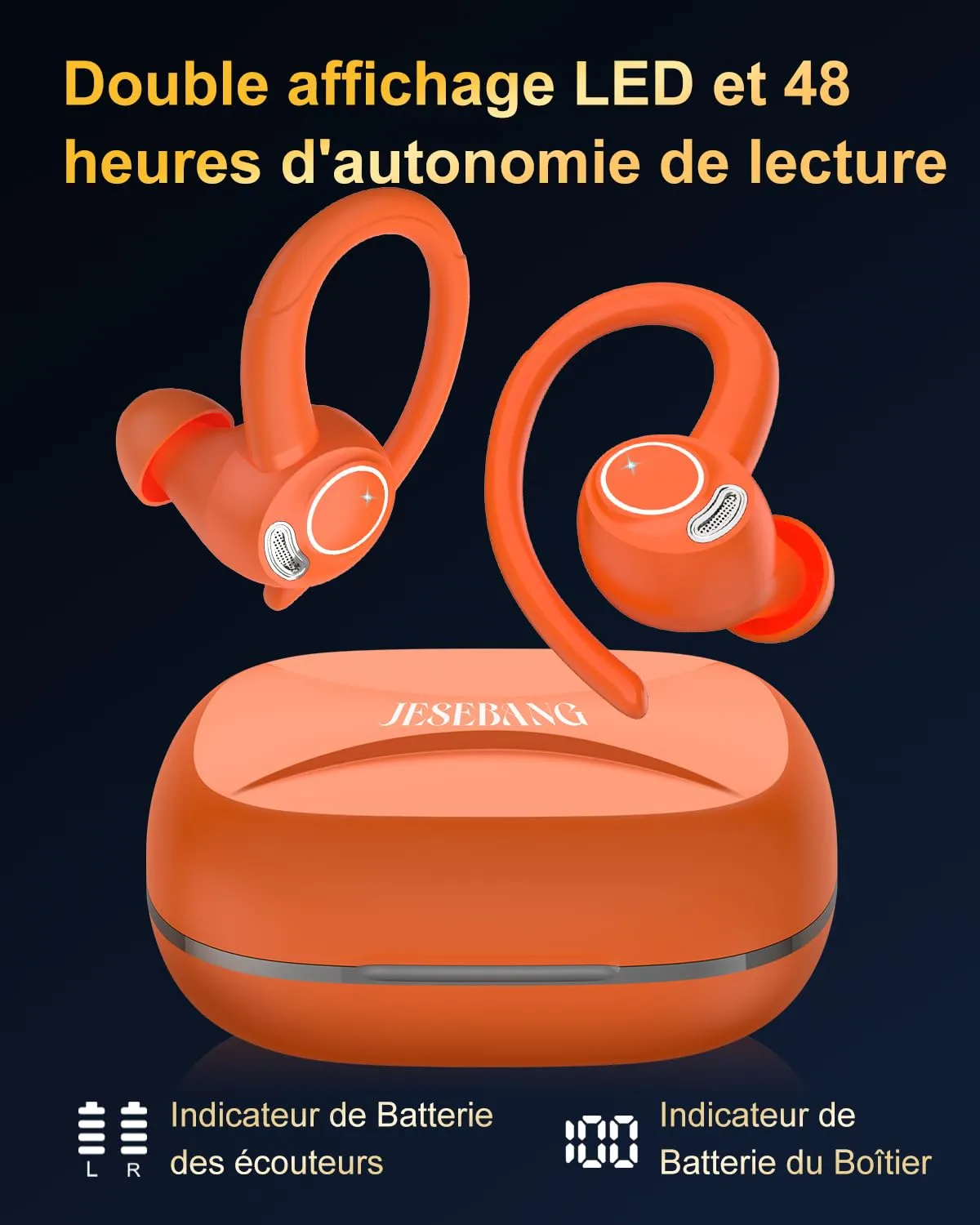 Jesebang Ecouteurs Bluetooth sans Fil Sport, 2024 couteur Bluetooth 5.3 HiFi Stro, Ecouteurs sans Fil avec ENC Mic, Oreillette Bluetooth Running IP7 tanche, 40H Casque Bluetooth cran LED, Noir