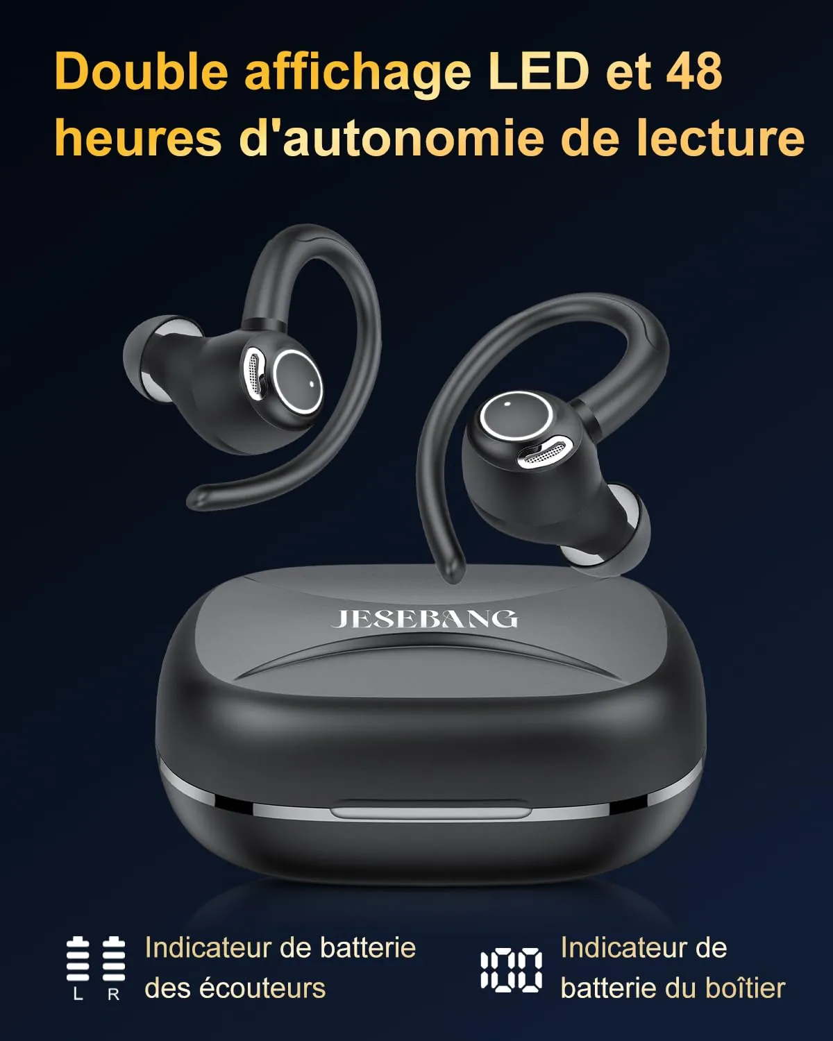 Jesebang Ecouteurs Bluetooth sans Fil Sport, 2024 couteur Bluetooth 5.3 HiFi Stro, Ecouteurs sans Fil avec ENC Mic, Oreillette Bluetooth Running IP7 tanche, 40H Casque Bluetooth cran LED, Noir