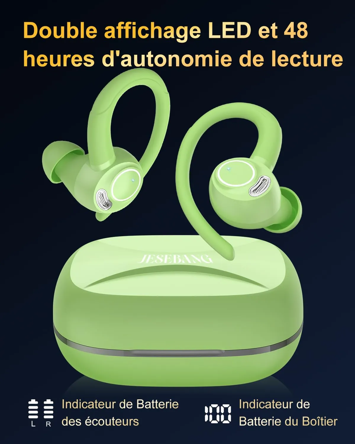 Jesebang Ecouteurs Bluetooth sans Fil Sport, 2024 couteur Bluetooth 5.3 HiFi Stro, Ecouteurs sans Fil avec ENC Mic, Oreillette Bluetooth Running IP7 tanche, 40H Casque Bluetooth cran LED, Noir