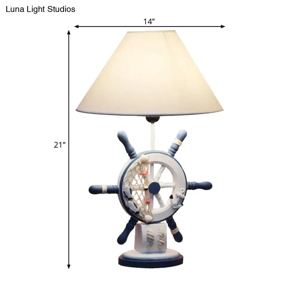 Kids Wooden Table Light - Lifebuoy/Rudder 5-Light Blue Nightstand Lamp with Conical Fabric Shade
