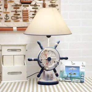 Kids Wooden Table Light - Lifebuoy/Rudder 5-Light Blue Nightstand Lamp with Conical Fabric Shade