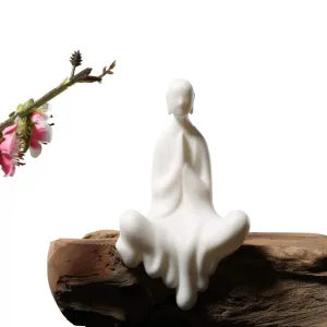 Kingzhuo White Ceramic Cute Sitting Buddha Statue Beautiful Sculpture Praying Hands Meditation Monk Figurine Peaceful Little Statue Home Decor Ornaments Delicate Crafts Handmade 4'' Inch Tall