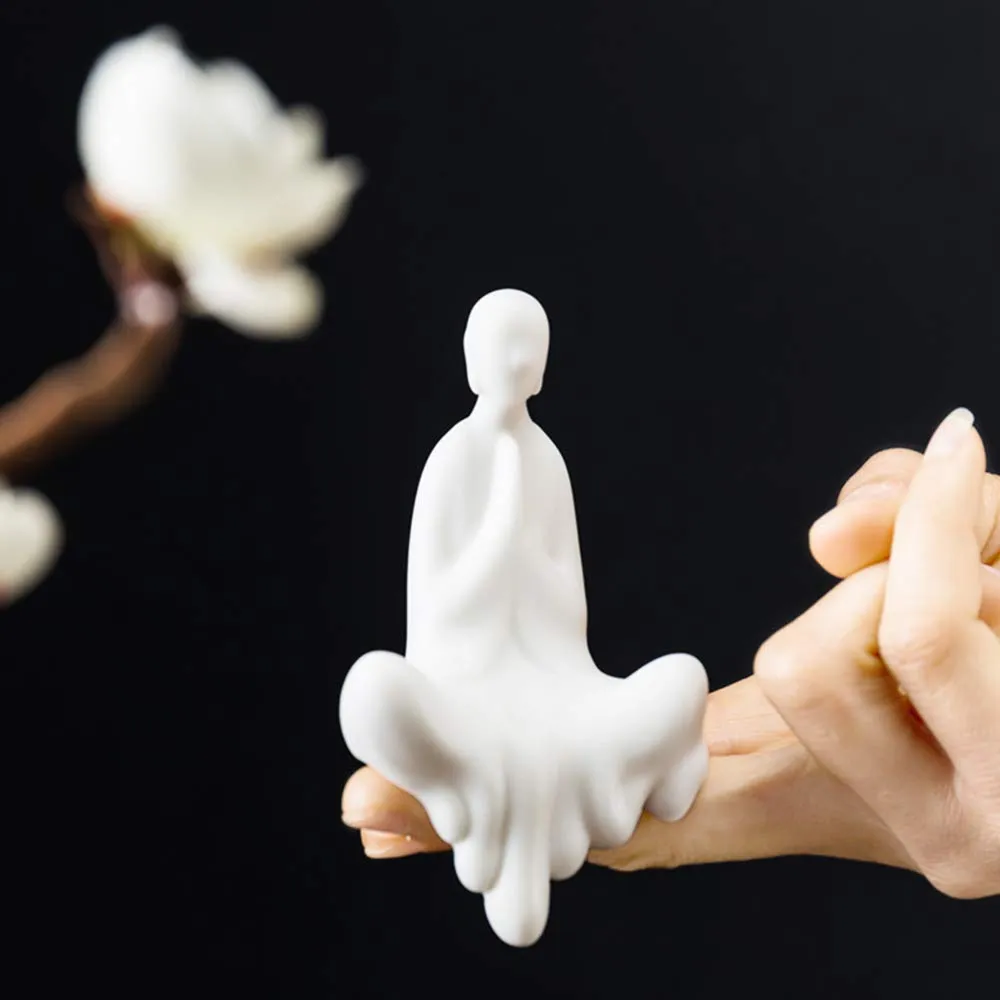 Kingzhuo White Ceramic Cute Sitting Buddha Statue Beautiful Sculpture Praying Hands Meditation Monk Figurine Peaceful Little Statue Home Decor Ornaments Delicate Crafts Handmade 4'' Inch Tall