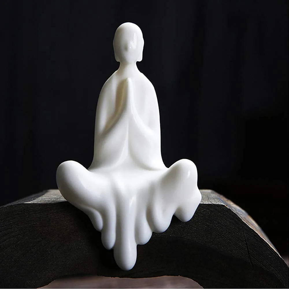 Kingzhuo White Ceramic Cute Sitting Buddha Statue Beautiful Sculpture Praying Hands Meditation Monk Figurine Peaceful Little Statue Home Decor Ornaments Delicate Crafts Handmade 4'' Inch Tall
